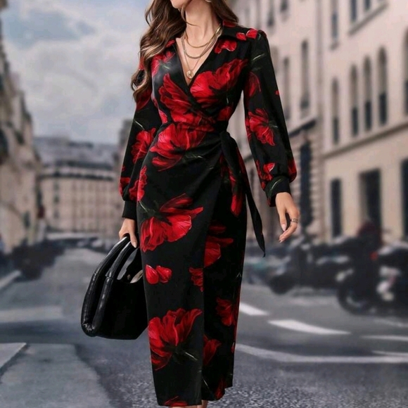 Dresses & Skirts - Modely Long Sleeve V-Neck Allover Floral Print Casual Dress For New Year C
